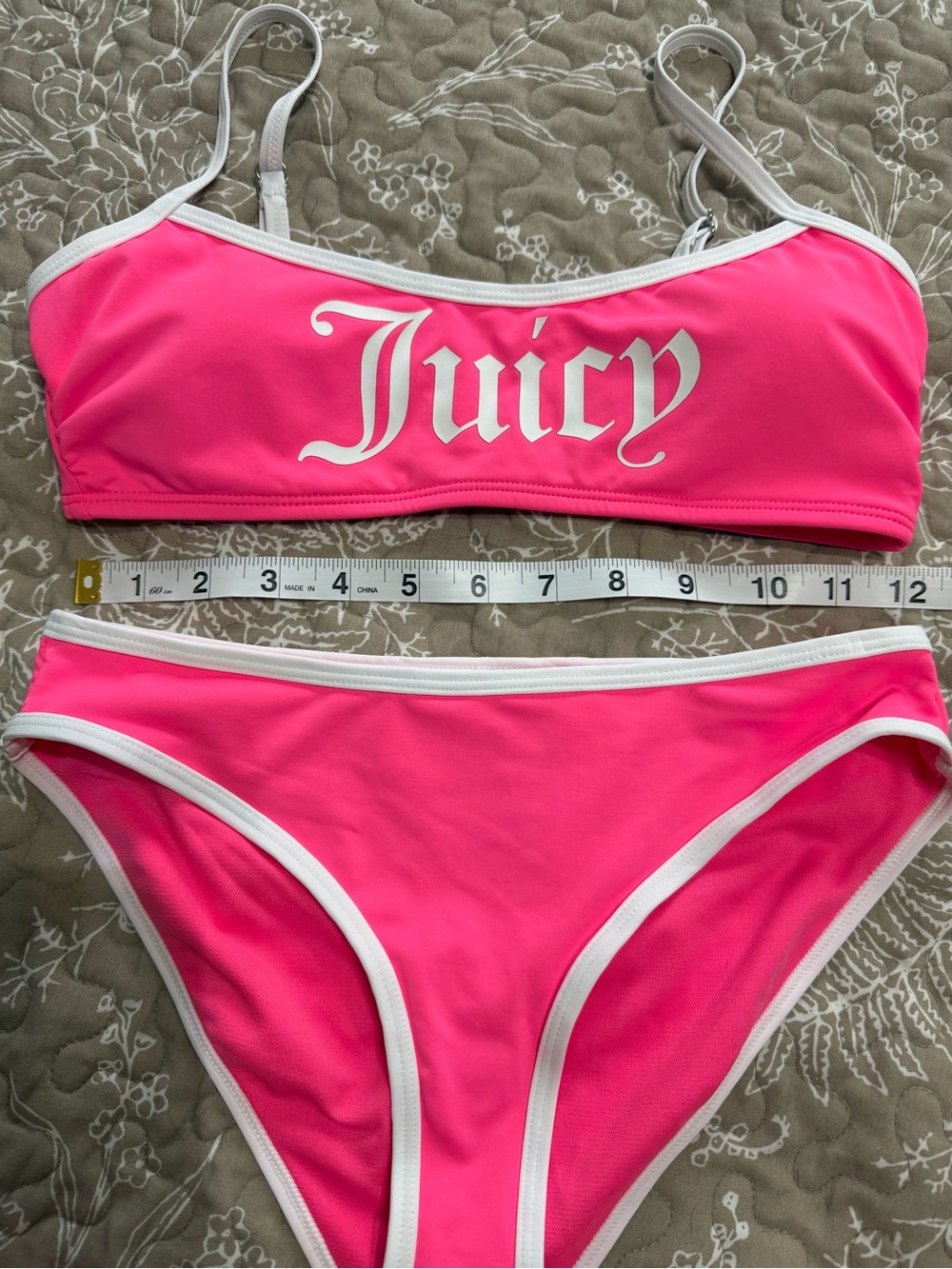 NWT Juicy Couture Bright Pink Swim Set with White Trim and Skirt - Picture 4 of 7